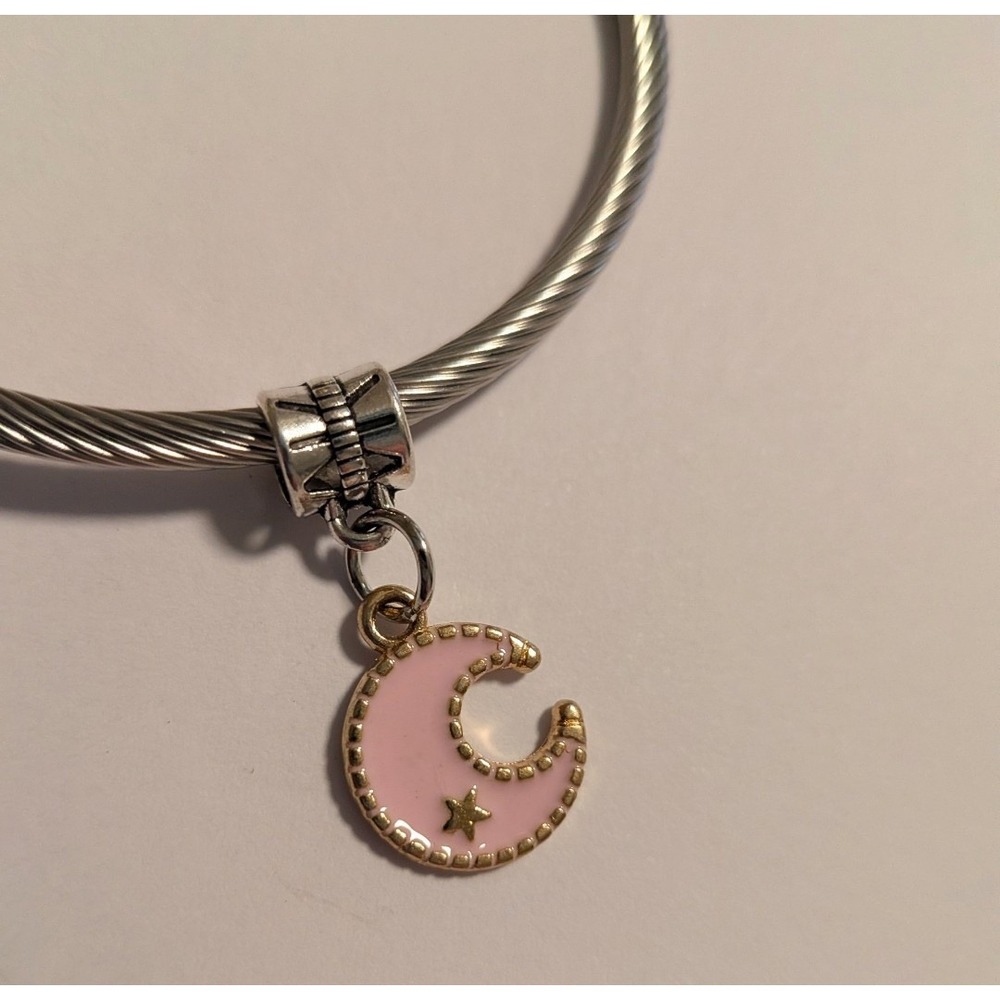 Pink Enamel Crescent Moon Charm Gold Star Celestial Pendant for Charm Bracelet